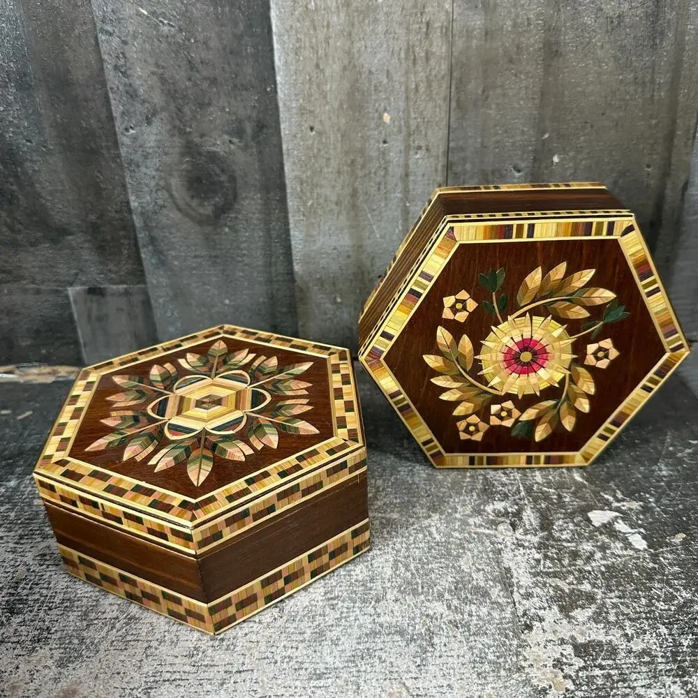 2 Hexagon Inlaid Style thin wooden‎ Handmade Boxes